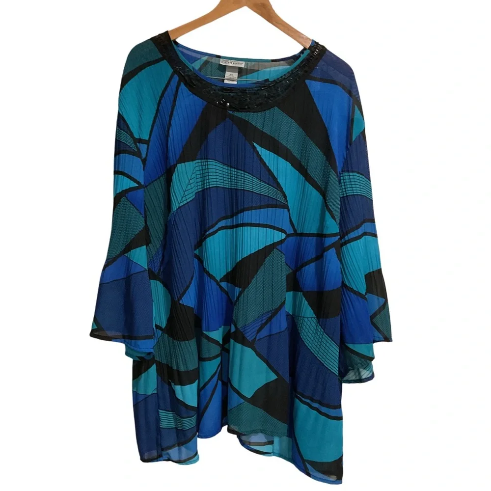 Maggie Barnes for Catherines Pleated Blouse Flared Sleeves Blue - Picture 1 of 8